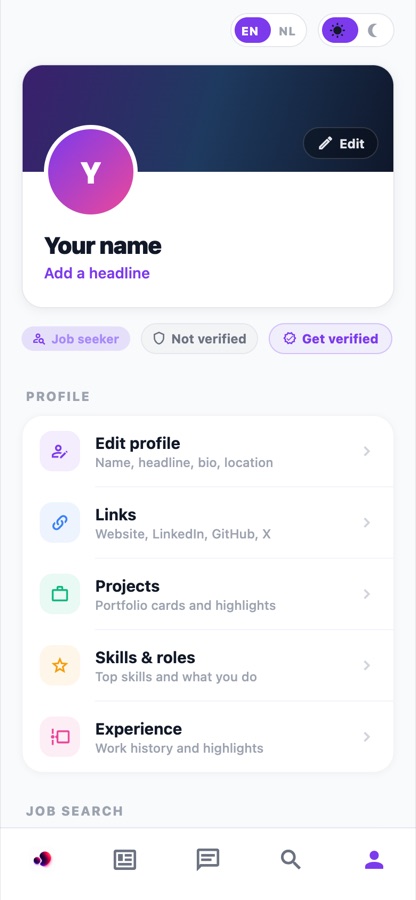 The Fyntlr profile screen, with headline, account type and the profile sections.